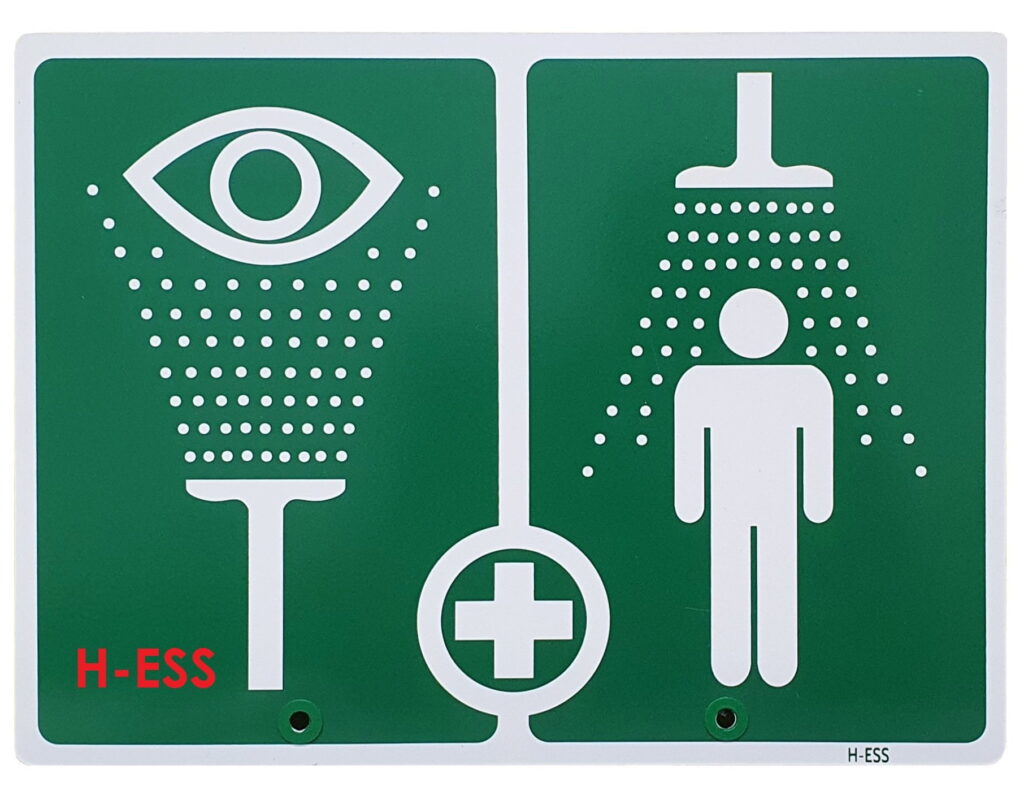 H-ESS: ป้ายฝักบัวฉุกเฉิน/อุปกรณ์ล้างตา โลหะ 300X400MM สองด้าน พร้อมขาแขวน